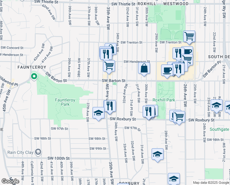 map of restaurants, bars, coffee shops, grocery stores, and more near 9235 34th Avenue Southwest in Seattle