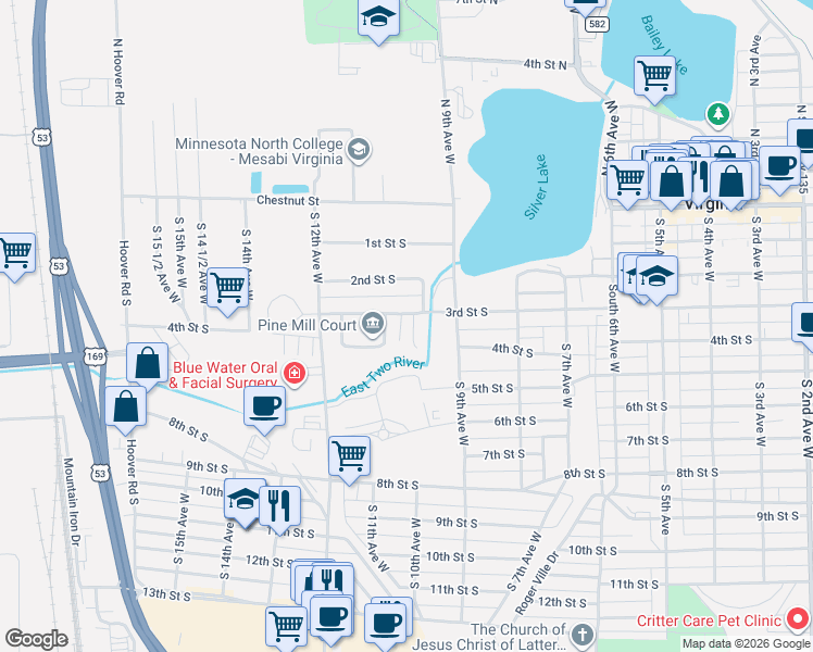 map of restaurants, bars, coffee shops, grocery stores, and more near 403 10th Avenue West in Virginia
