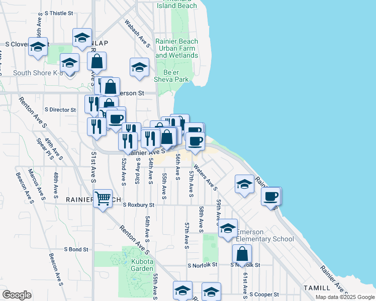 map of restaurants, bars, coffee shops, grocery stores, and more near 9481 Rainier Avenue South in Seattle
