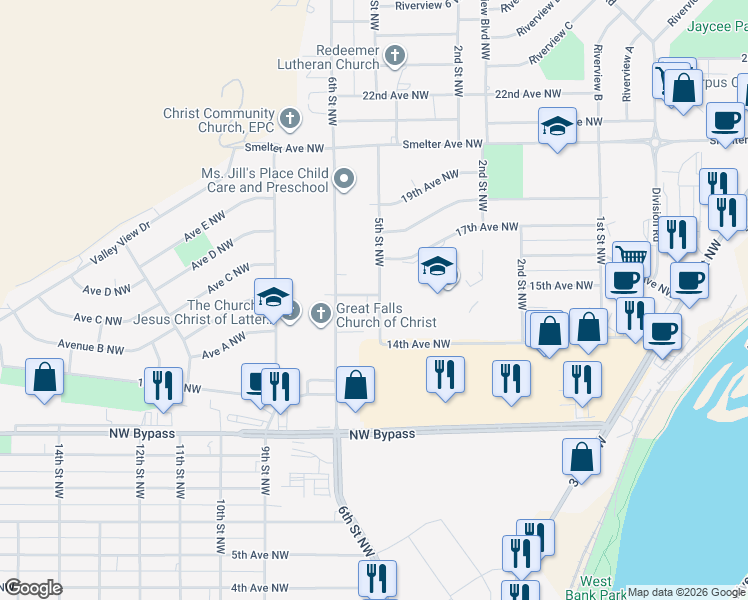 map of restaurants, bars, coffee shops, grocery stores, and more near 1508 16th Avenue Northwest in Great Falls