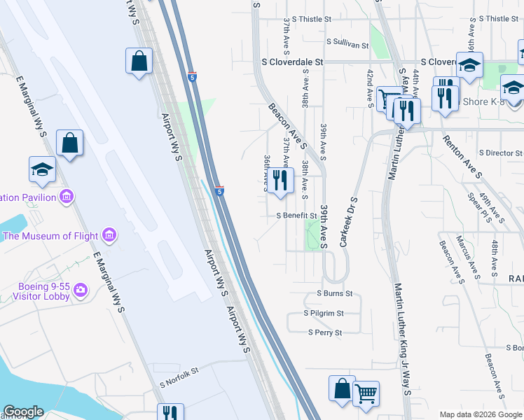 map of restaurants, bars, coffee shops, grocery stores, and more near 9253 36th Avenue South in Seattle