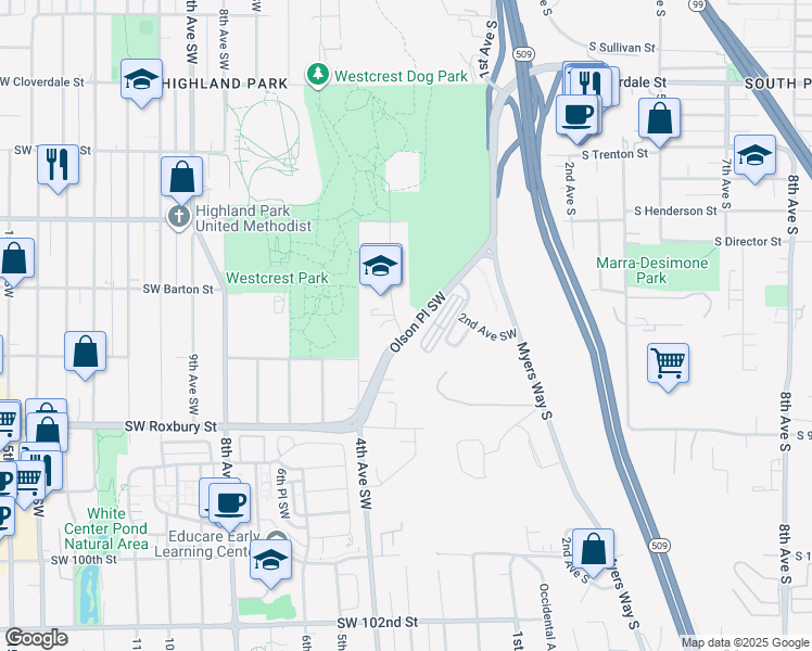 map of restaurants, bars, coffee shops, grocery stores, and more near 9234 3rd Avenue Southwest in Seattle