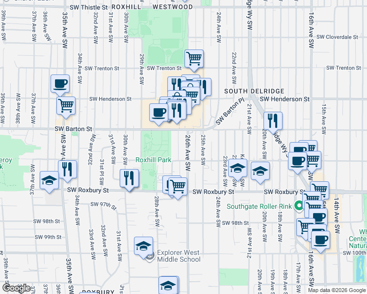 map of restaurants, bars, coffee shops, grocery stores, and more near 2615 Southwest Barton Street in Seattle