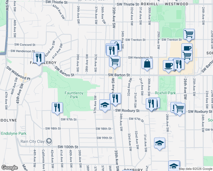 map of restaurants, bars, coffee shops, grocery stores, and more near 9239 35th Avenue Southwest in Seattle