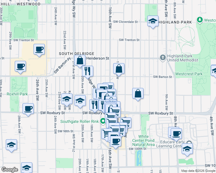 map of restaurants, bars, coffee shops, grocery stores, and more near 9235 16th Avenue Southwest in Seattle