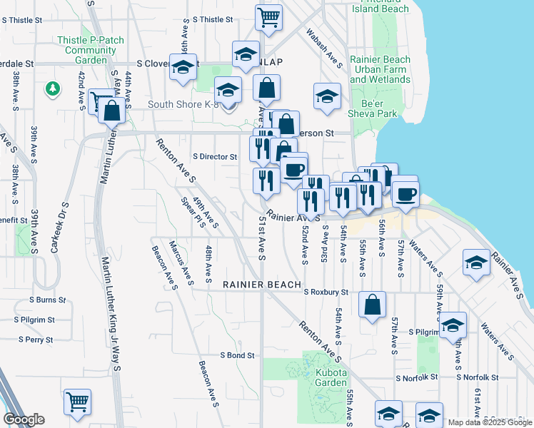 map of restaurants, bars, coffee shops, grocery stores, and more near 9237 Rainier Avenue South in Seattle