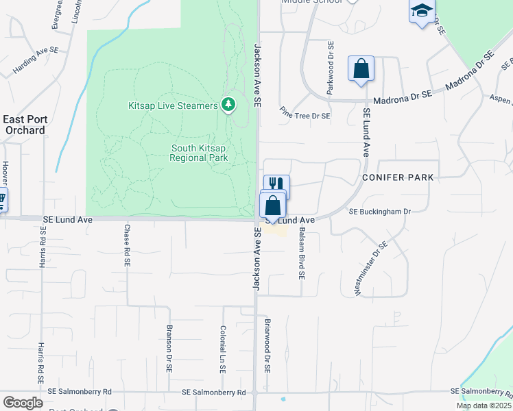 map of restaurants, bars, coffee shops, grocery stores, and more near 3094 Jackson Avenue Southeast in Port Orchard