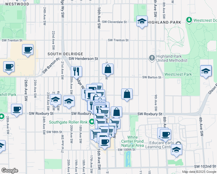 map of restaurants, bars, coffee shops, grocery stores, and more near 9232 15th Avenue Southwest in Seattle