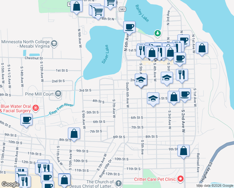 map of restaurants, bars, coffee shops, grocery stores, and more near 401 South 7th Avenue West in Virginia