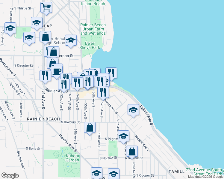 map of restaurants, bars, coffee shops, grocery stores, and more near 9551 Rainier Avenue South in Seattle