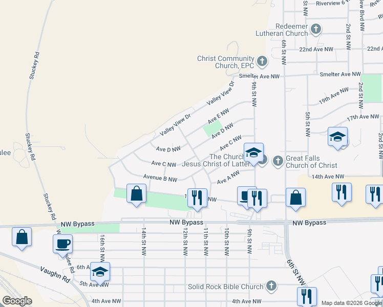map of restaurants, bars, coffee shops, grocery stores, and more near 980 Avenue D Northwest in Great Falls