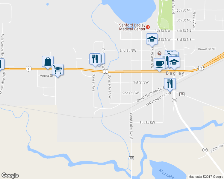 map of restaurants, bars, coffee shops, grocery stores, and more near 122 Spruce Avenue Southwest in Bagley