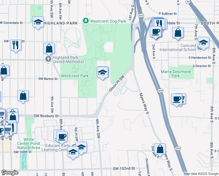 map of restaurants, bars, coffee shops, grocery stores, and more near 9234 3rd Avenue Southwest in Seattle