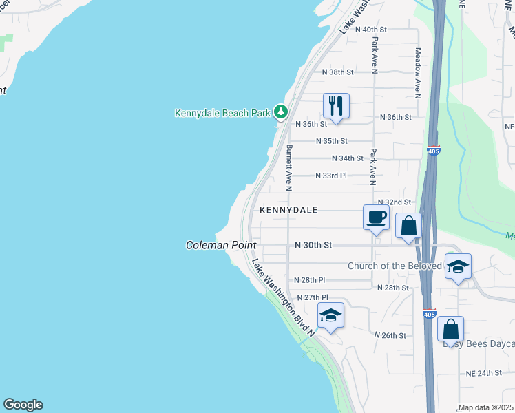 map of restaurants, bars, coffee shops, grocery stores, and more near 3224 Lake Washington Boulevard North in Renton
