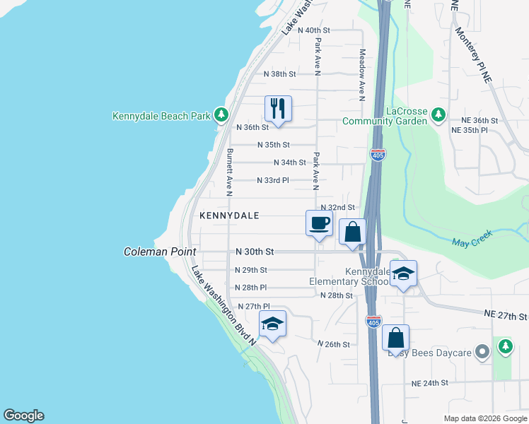 map of restaurants, bars, coffee shops, grocery stores, and more near 1016 North 32nd Street in Renton