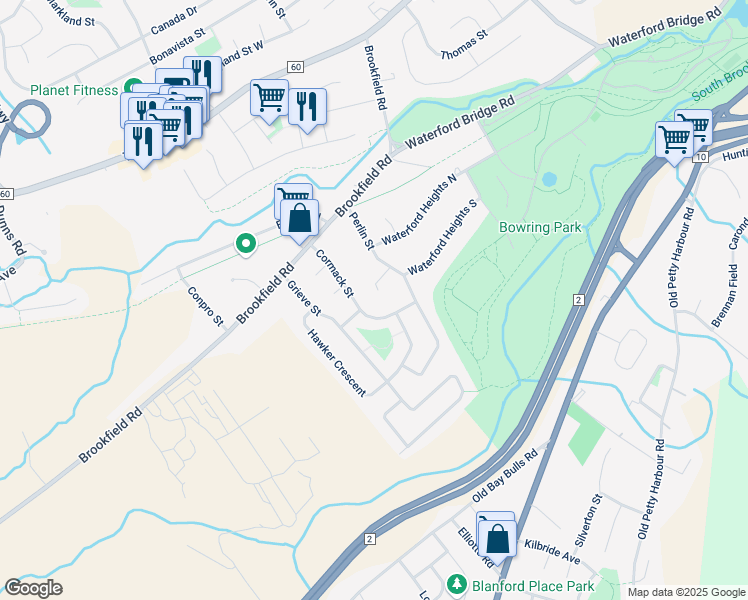 map of restaurants, bars, coffee shops, grocery stores, and more near 15 A Southcott Place in St. John's