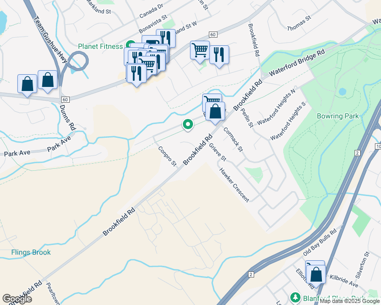 map of restaurants, bars, coffee shops, grocery stores, and more near 130 Brookfield Road in St. John's