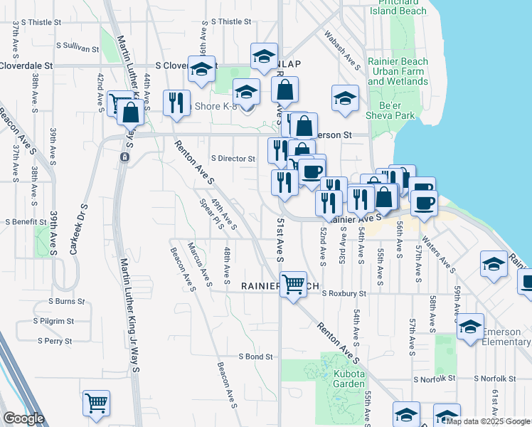 map of restaurants, bars, coffee shops, grocery stores, and more near 5063 South Barton Place in Seattle