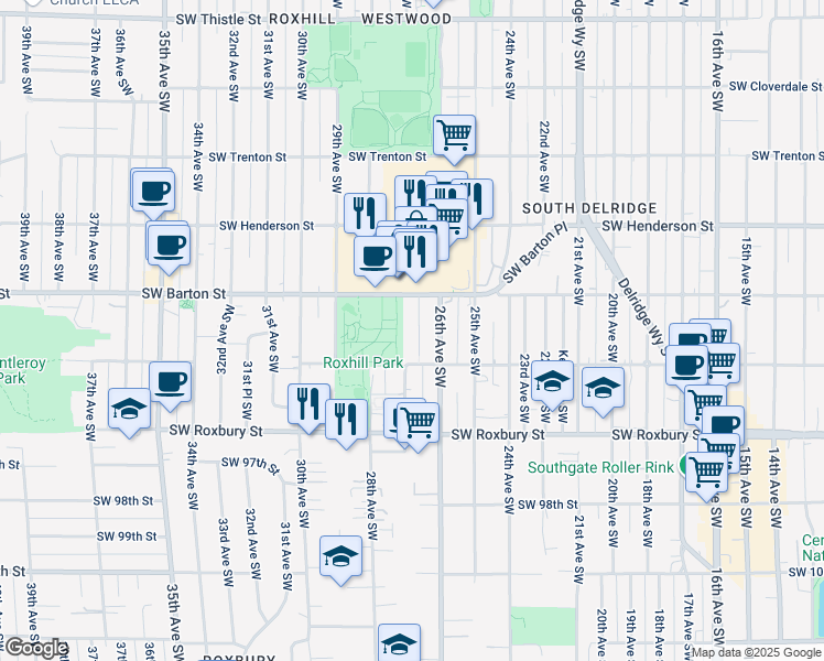 map of restaurants, bars, coffee shops, grocery stores, and more near 2615 Southwest Barton Street in Seattle