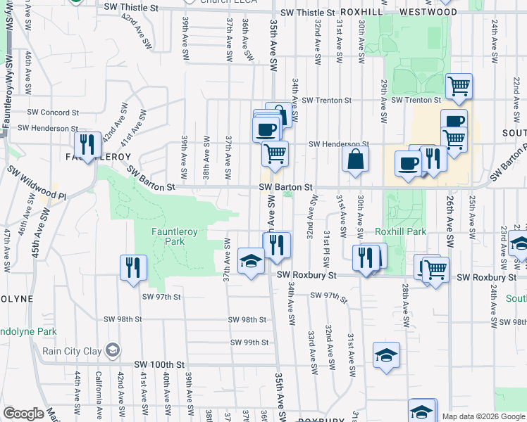 map of restaurants, bars, coffee shops, grocery stores, and more near 9231 35th Avenue Southwest in Seattle