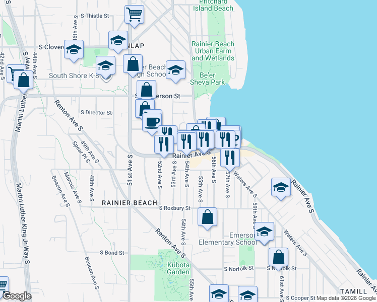 map of restaurants, bars, coffee shops, grocery stores, and more near 9400 Rainier Avenue South in Seattle