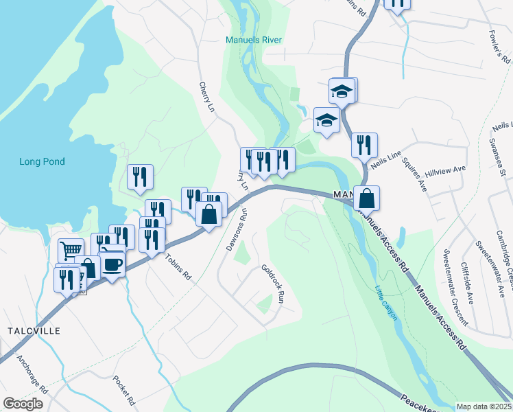 map of restaurants, bars, coffee shops, grocery stores, and more near 53 Conception Bay Highway in Conception Bay South