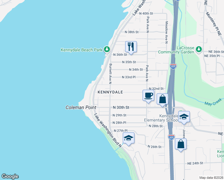 map of restaurants, bars, coffee shops, grocery stores, and more near 910 North 32nd Street in Renton