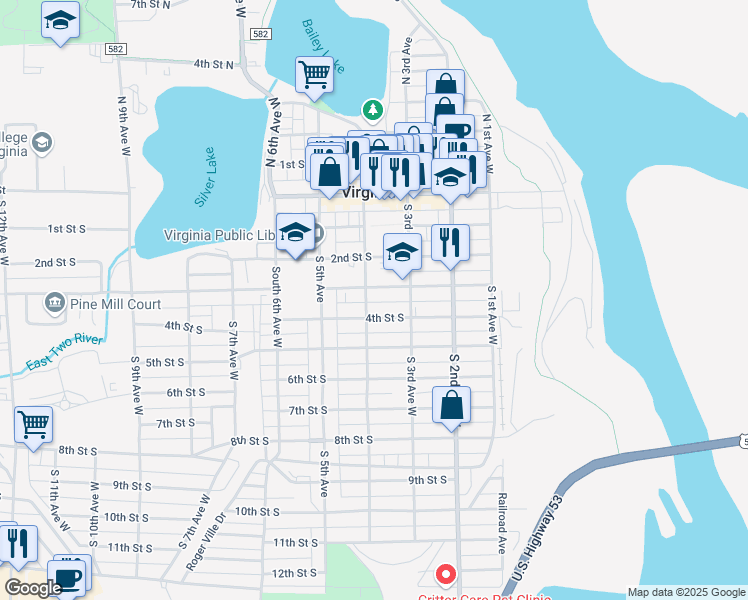 map of restaurants, bars, coffee shops, grocery stores, and more near 406 South 4th Avenue West in Virginia