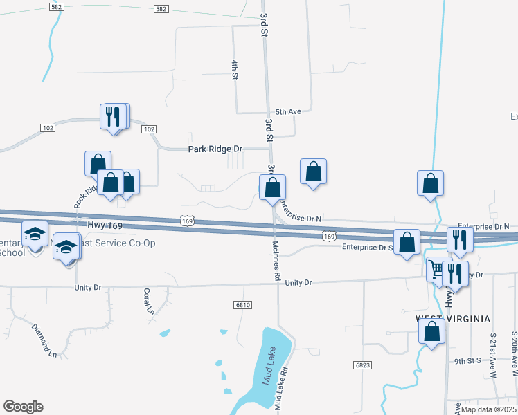 map of restaurants, bars, coffee shops, grocery stores, and more near 5537 3rd Street in Mountain Iron