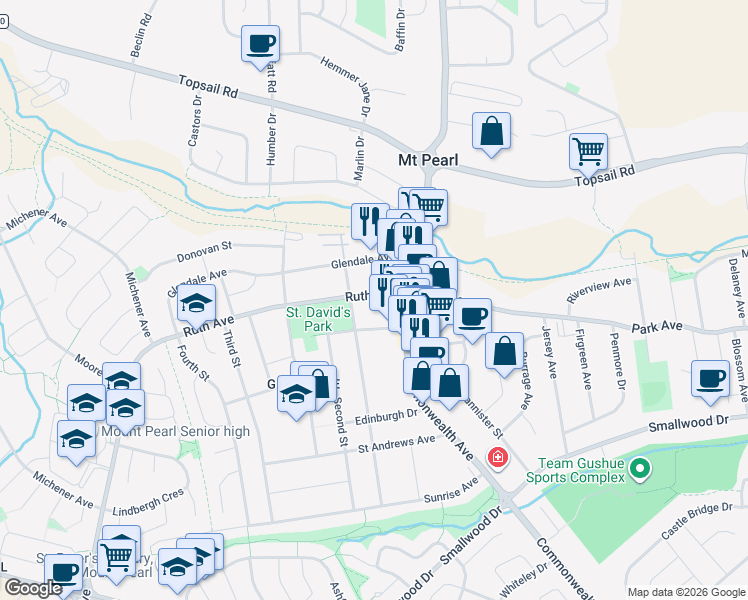 map of restaurants, bars, coffee shops, grocery stores, and more near 9 Ruth Avenue in Mount Pearl