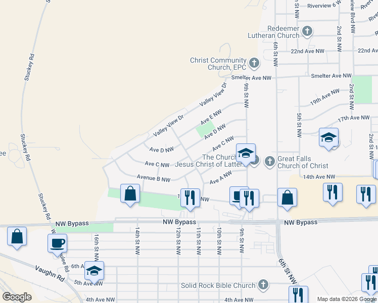 map of restaurants, bars, coffee shops, grocery stores, and more near 980 Avenue D Northwest in Great Falls