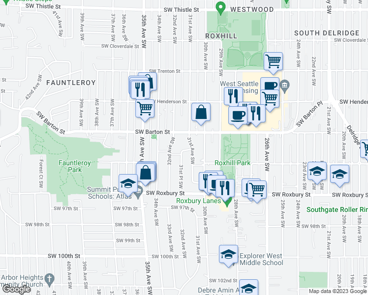 map of restaurants, bars, coffee shops, grocery stores, and more near 9247 31st Place Southwest in Seattle