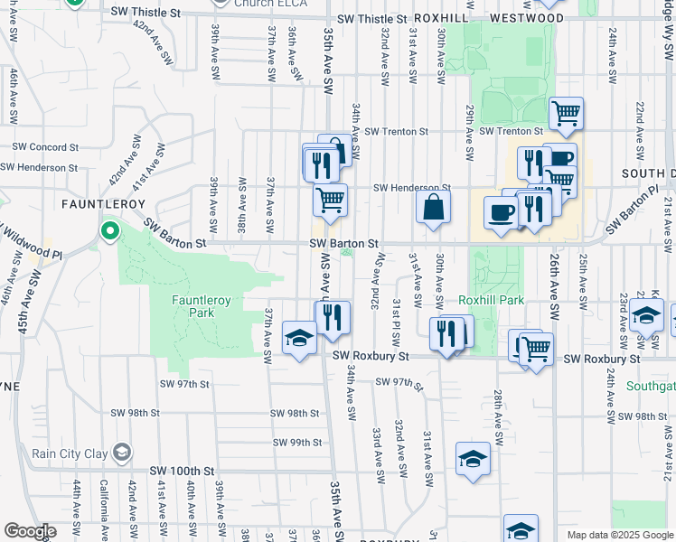 map of restaurants, bars, coffee shops, grocery stores, and more near 9235 34th Avenue Southwest in Seattle