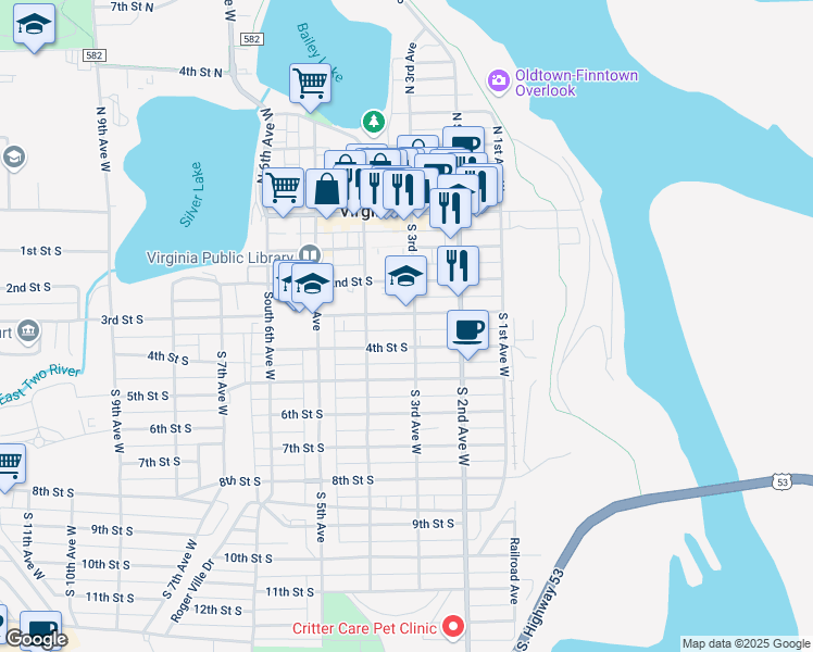 map of restaurants, bars, coffee shops, grocery stores, and more near 301 3rd Street South in Virginia