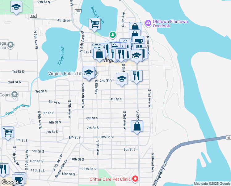 map of restaurants, bars, coffee shops, grocery stores, and more near 406 South 4th Avenue West in Virginia