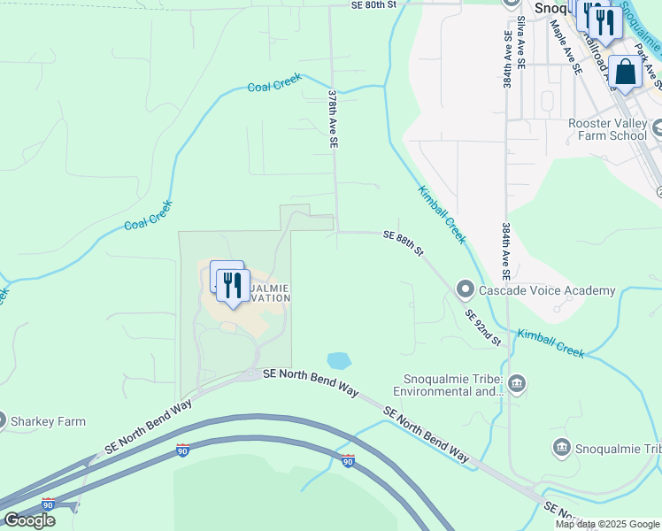 map of restaurants, bars, coffee shops, grocery stores, and more near 37725 Southeast 88th Street in Snoqualmie
