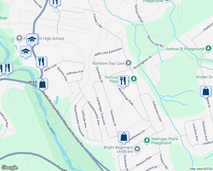 map of restaurants, bars, coffee shops, grocery stores, and more near 45 Swansea Street in Conception Bay South