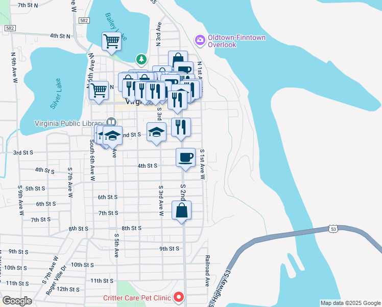 map of restaurants, bars, coffee shops, grocery stores, and more near 115 4th Street South in Virginia