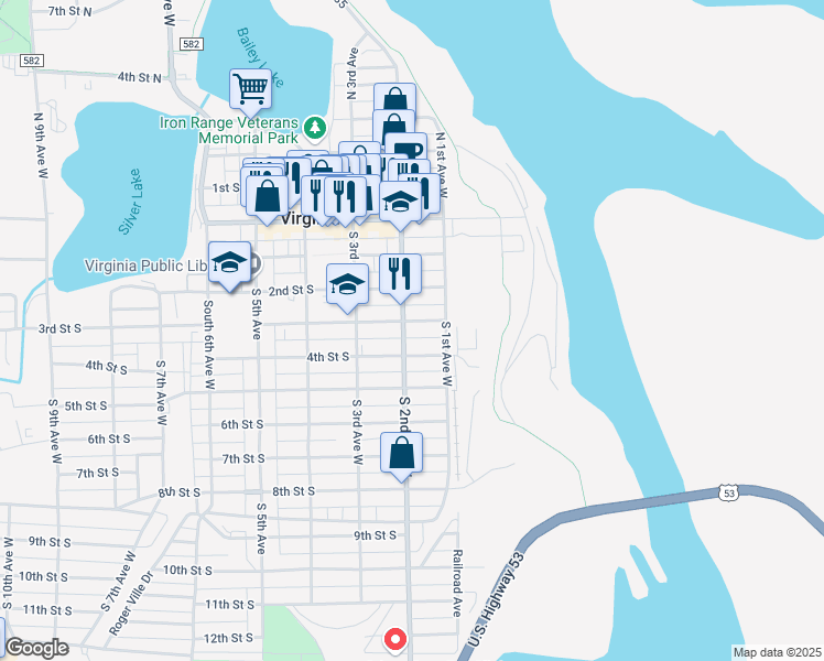 map of restaurants, bars, coffee shops, grocery stores, and more near 115 4th Street South in Virginia