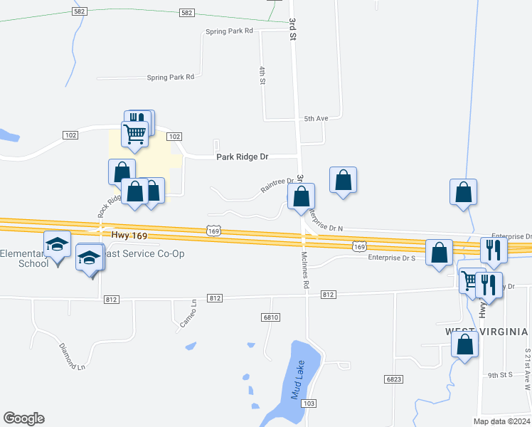 map of restaurants, bars, coffee shops, grocery stores, and more near 5537 3rd Street in Mountain Iron