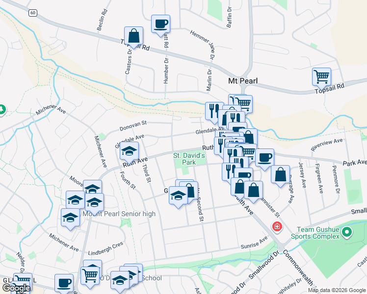 map of restaurants, bars, coffee shops, grocery stores, and more near 24 Ruth Avenue in Mount Pearl