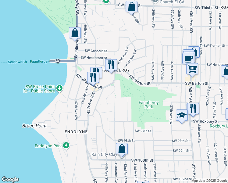 map of restaurants, bars, coffee shops, grocery stores, and more near 4815 California Drive Southwest in Seattle