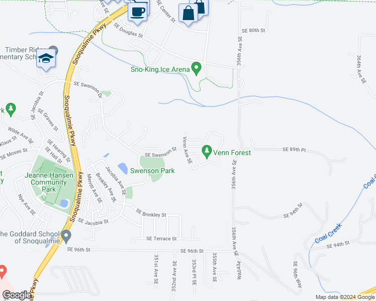 map of restaurants, bars, coffee shops, grocery stores, and more near 35303 Southeast Swenson Street in Snoqualmie
