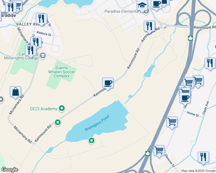 map of restaurants, bars, coffee shops, grocery stores, and more near 1186 Kenmount Road in Paradise