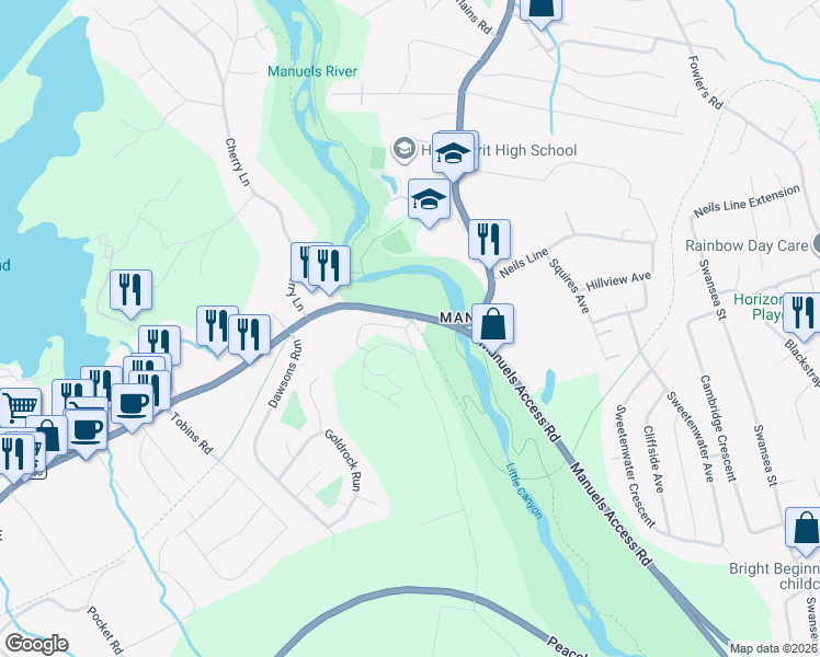 map of restaurants, bars, coffee shops, grocery stores, and more near 43 Easons Road in Conception Bay South