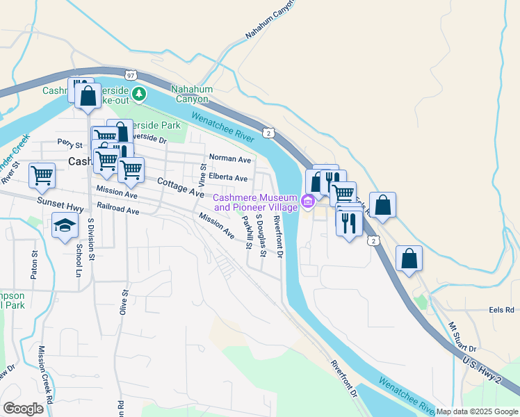 map of restaurants, bars, coffee shops, grocery stores, and more near 123 Riverfront Drive in Cashmere