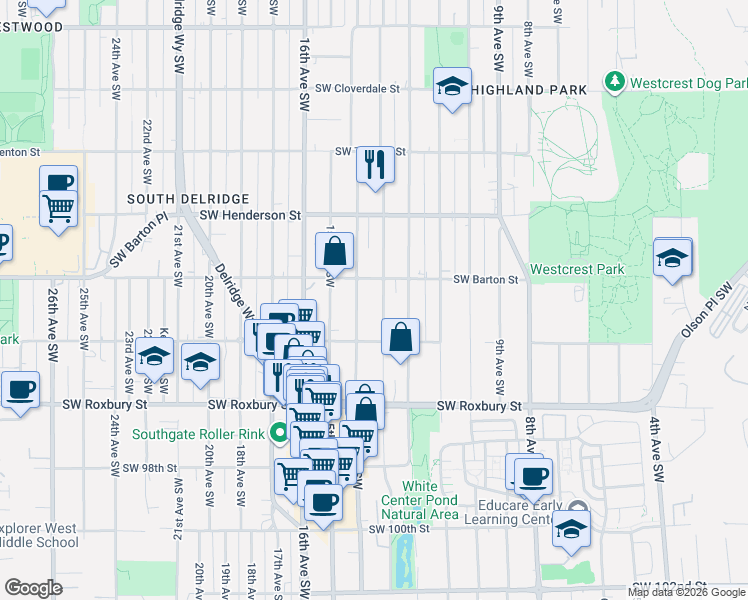 map of restaurants, bars, coffee shops, grocery stores, and more near 9233 13th Avenue Southwest in Seattle