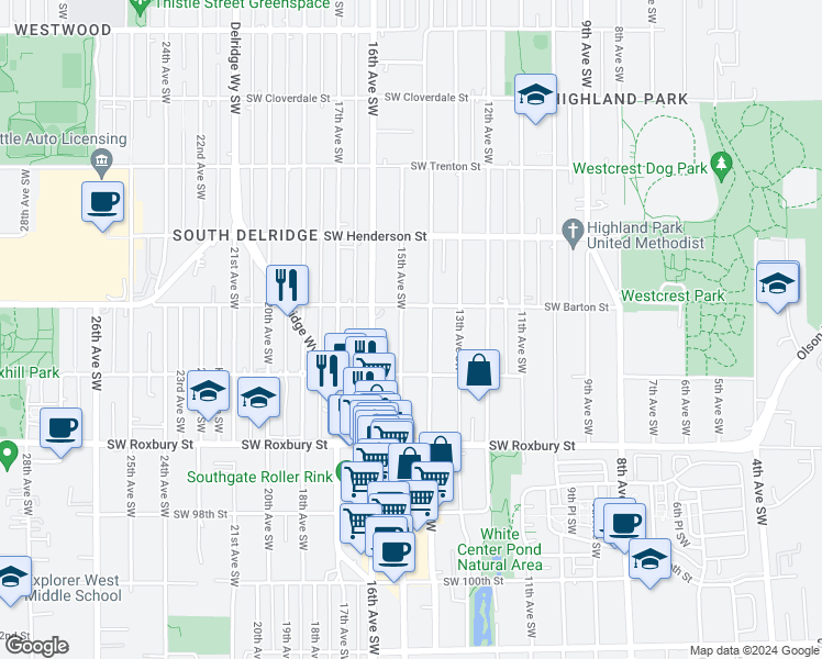 map of restaurants, bars, coffee shops, grocery stores, and more near 9232 15th Avenue Southwest in Seattle