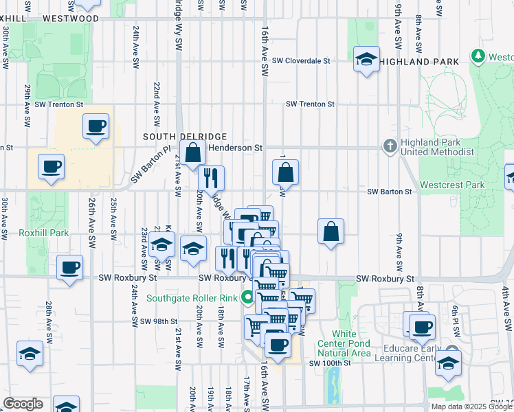 map of restaurants, bars, coffee shops, grocery stores, and more near 9235 16th Avenue Southwest in Seattle