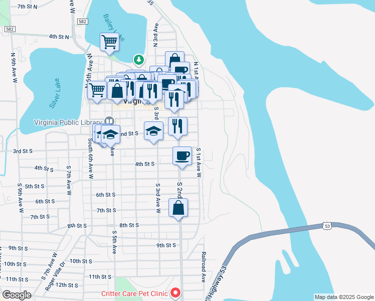 map of restaurants, bars, coffee shops, grocery stores, and more near 118 3rd Street South in Virginia